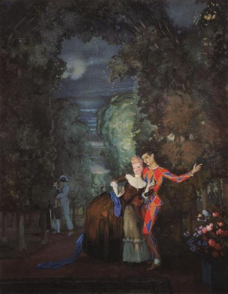 Lady And Harlequin by Konstantin Somov Oil Painting Reproductions