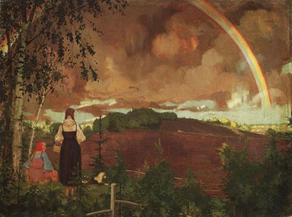 Landscape With Two Peasant Girls And A Rainbow by Konstantin Somov