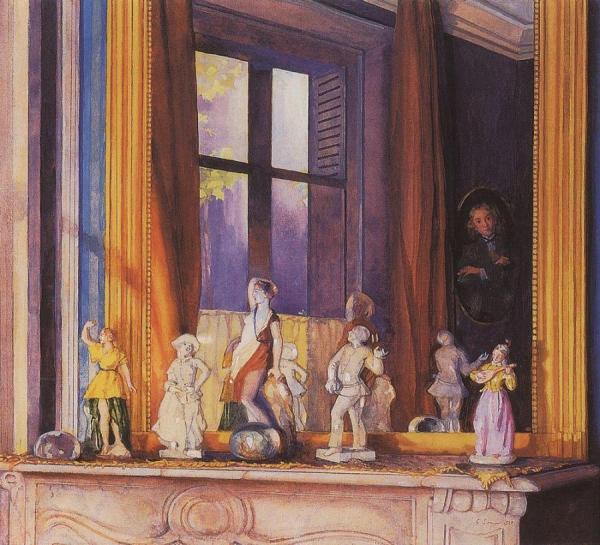 Porcelain Figurines On A Stone Shelf by Konstantin Somov