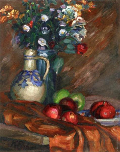 Still Life With Asters, Pitcher And Apples by Kurt Schwitters