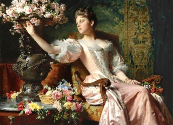 Lady In A Pink Dress With Flowers by Ladislas Von Czachorski