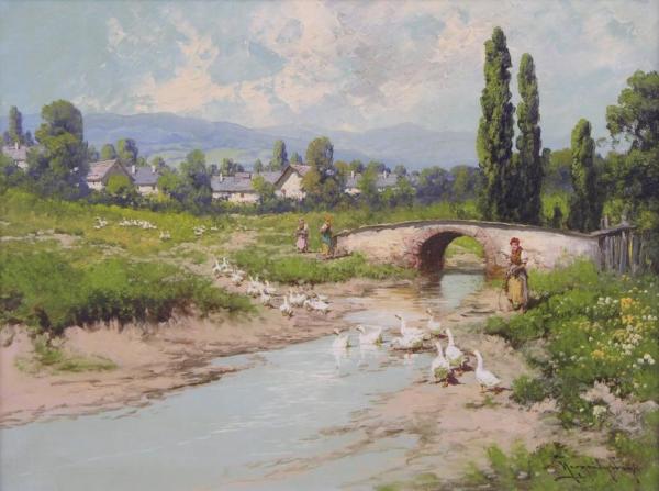 Laszlo Neogrady A Cheerful Rural Landscape With Figures Tending Ducks Crossing A Stream
