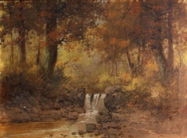 A Forest Interior With A Waterfall In The Foreground by Laszlo Neogrady Oil Painting Reproductions