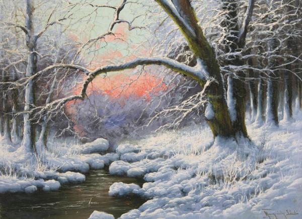 A Snow Laden Evening In Winter With A Stream by Laszlo Neogrady Oil Painting Reproductions