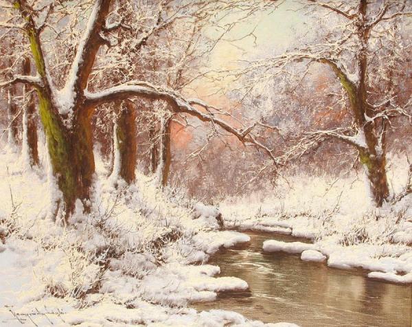 A Snowy Wooded Landscape by Laszlo Neogrady Oil Painting Reproductions