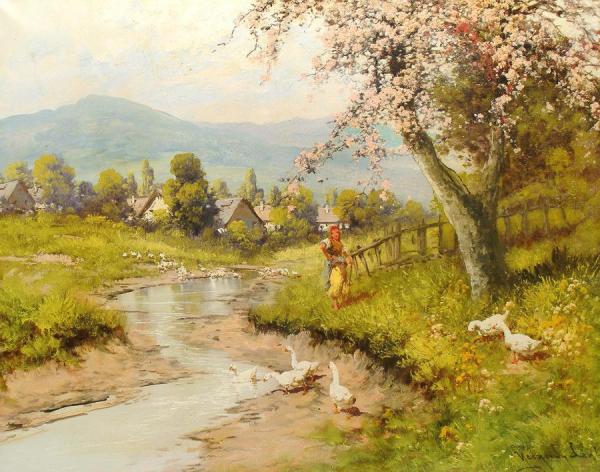 Laszlo Neogrady A Woman Tending Geese By A Stream