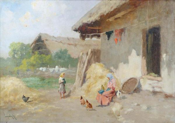 Figures And Chicken In A Farmyard,young Girl In A Sunny Courtyard by Laszlo Neogrady
