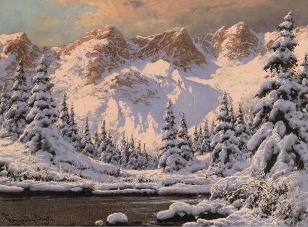 Laszlo Neogrady Winter Landscape At Sunset