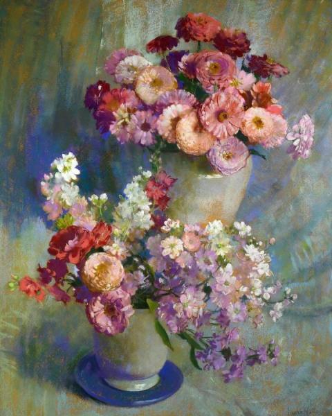 Zinnias And Stock by Laura Coombs Hills Oil Painting Reproductions