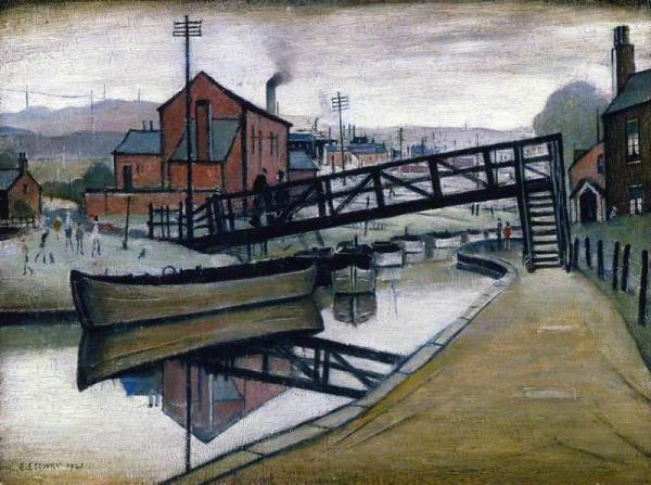 Barges On A Canal by Laurence Lowry