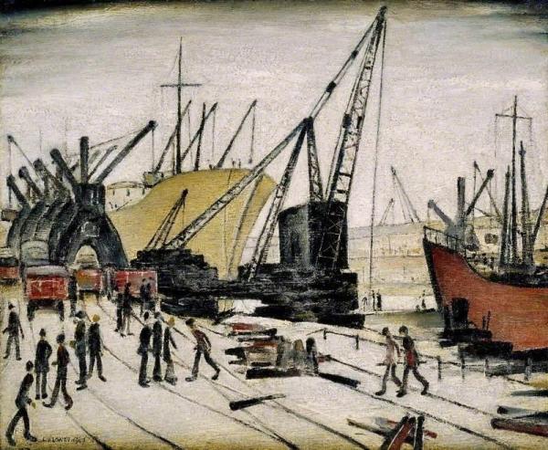 Cranes And Ships, Glasgow Docks by Laurence Lowry