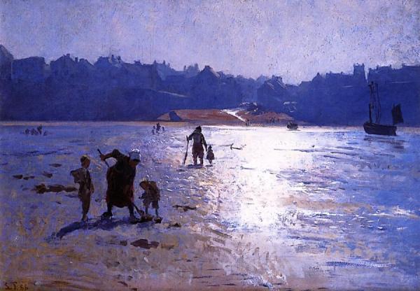Collecting Mussels At Low Tide At Le Portal, France by Laurits Tuxen Oil Painting Reproductions