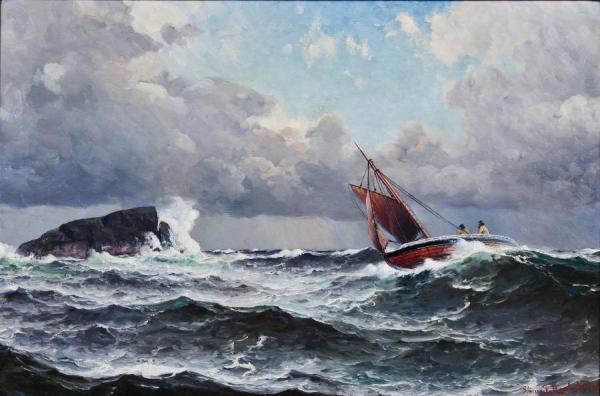 Boat In Stormy Seas by Lauritz Haaland