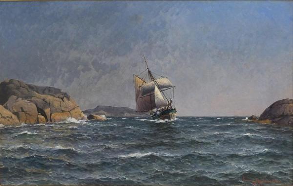 Sailing Ship At The Rocky Coast by Lauritz Haaland