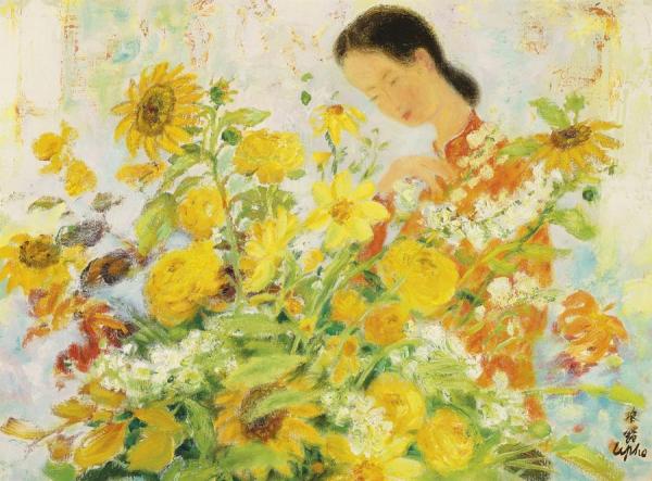 Young Girl With A Bouquet Of Flowers by Le Pho Oil Painting Reproductions