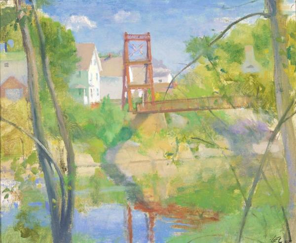 Red Bridge Over River by Lennart Anderson