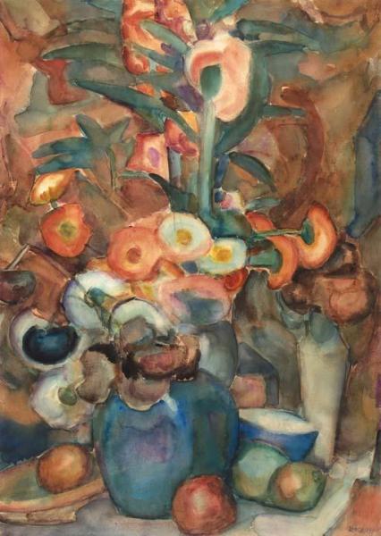 Leo Gestel A Still Life With Flowers In A Vase, Fruits And Bowls