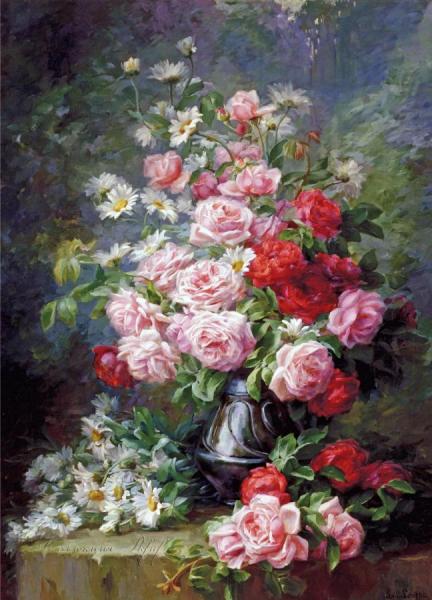 Bouquet Of Roses And Daisies by Leo Louppe Oil Painting Reproductions
