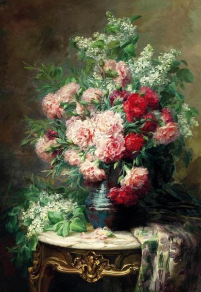 Chrysanthemums And Lilacs In A Vase On A Marble Topped Table by Leo Louppe Oil Painting Reproductions