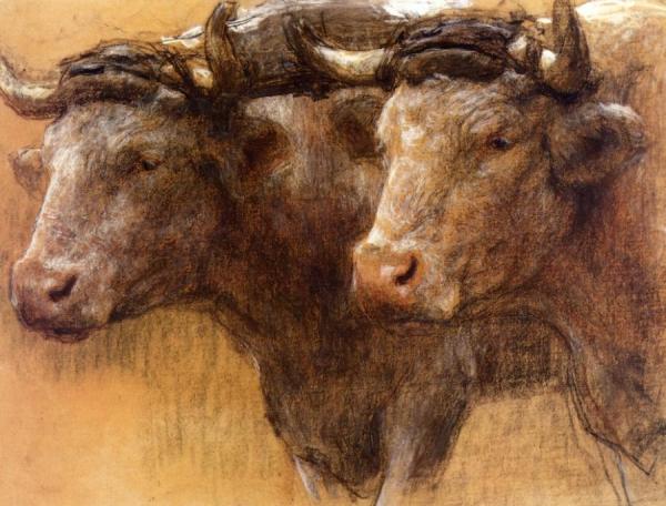 Heads Of Two Oxen, Study For 'la Famille' by Leon Augustin Lhermitte