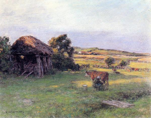 Landscape With A Peasant Woman Milking A Cow by Leon Augustin Lhermitte