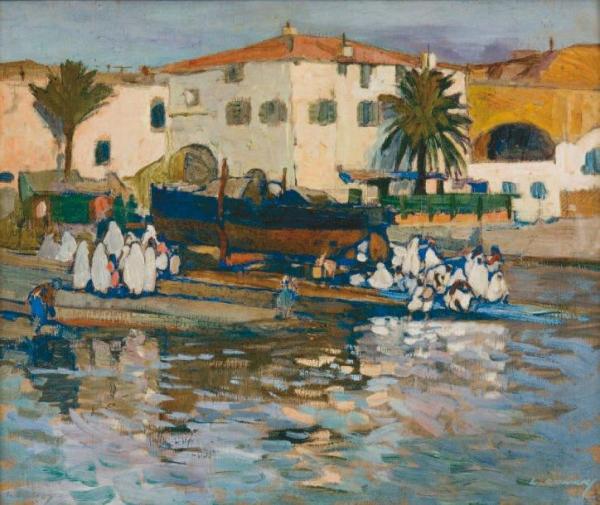 The Port Of Algiers With Bathing Women by Léon Cauvy