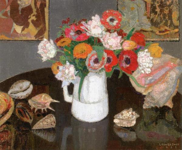 Bouquet Of Anemones In A Pitcher And Sea Shells by Leon De Smet