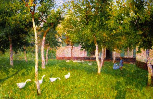 Geese In A Garden With Two Children by Leon De Smet