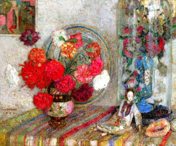 Still Life With Flowers And Japanese Doll by Leon De Smet