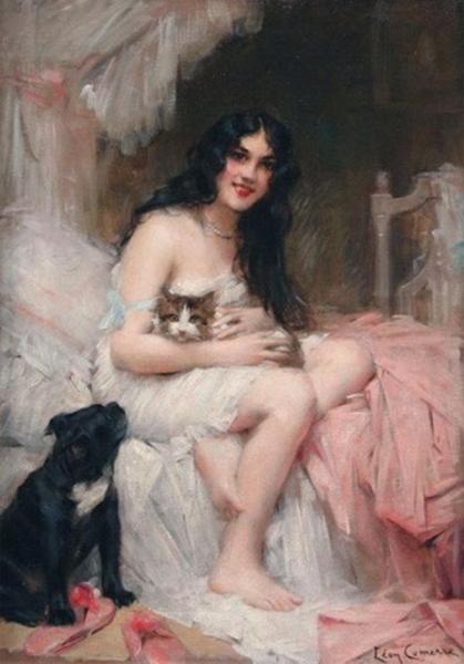 Beauty In Bed With Kitten And Black Dog by Leon Francois Comerre
