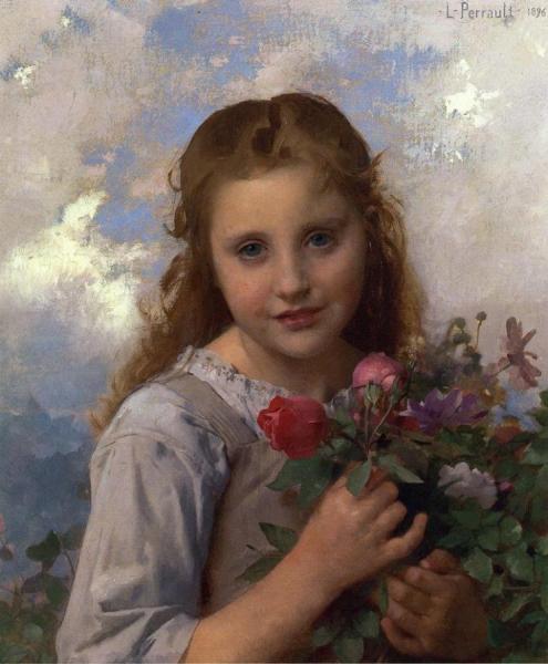 Young Girl With A Bouquet Of Flowers by Leon-jean-basile Perrault