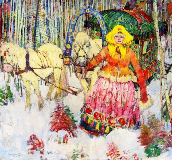 Mongolian Girl With Sled And White Horses by Leon Shulman Gaspard Oil Painting Reproductions