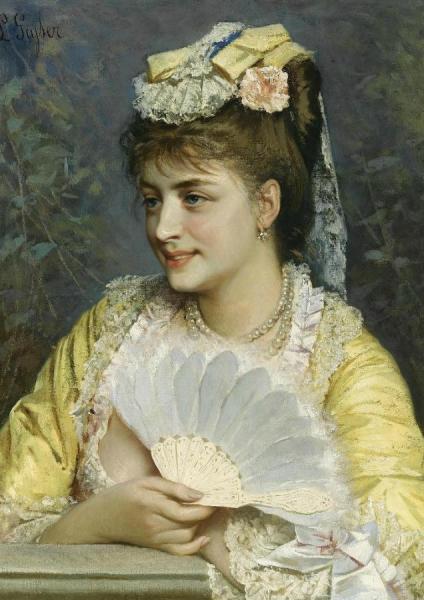 An Elegant Lady Holding A Fan by Leonardo Gasser Oil Painting Reproductions