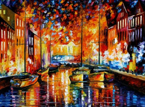 Copenhagen's Harbor by Leonid Afremov Oil Painting Reproductions