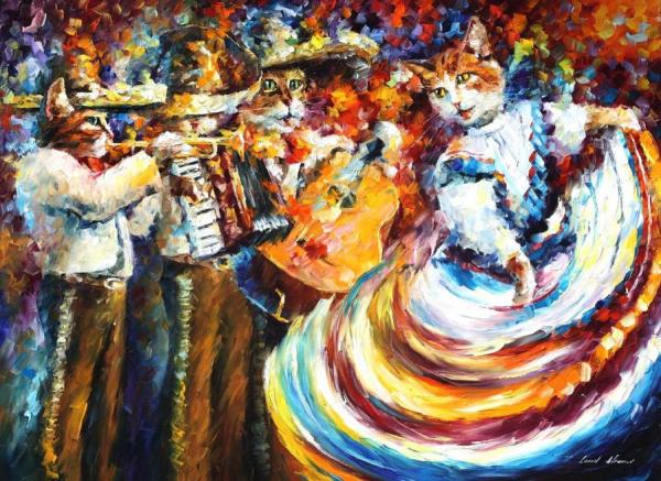 Mariachi Cats by Leonid Afremov Oil Painting Reproductions