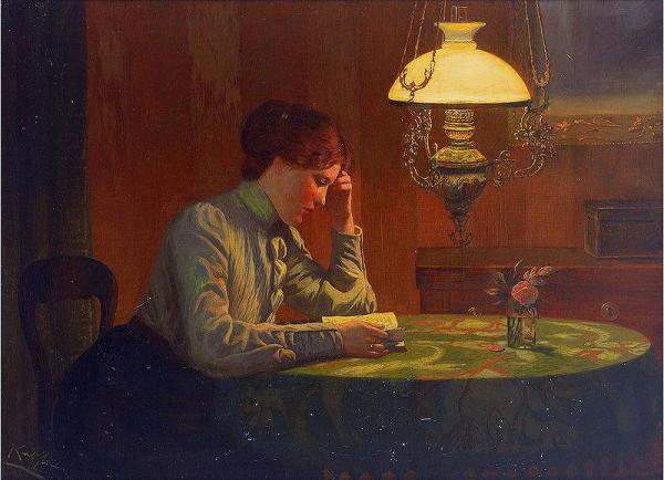 Young Woman Reading At A Table In Light Of The Kerosene Lamp by Leopold Carl Müller