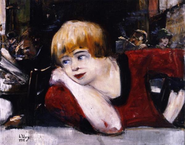 At The Café, Woman In Red by Lesser Ury