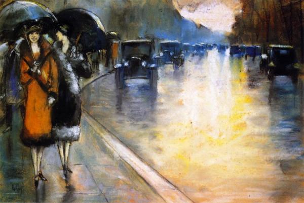 Berlin Street With Cabs In The Rain by Lesser Ury