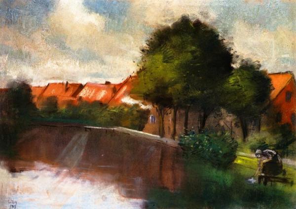 Dutch Village With Washing Woman by Lesser Ury