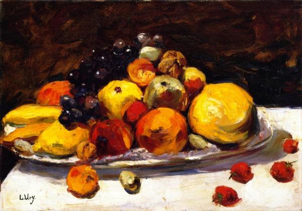 Still Life With Fruit On A White Table by Lesser Ury