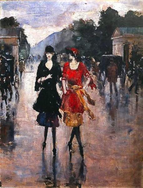 Two Girls Walking Along The Street by Lesser Ury