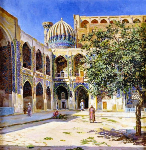 The Court Yard Of The Sher-dor Mosque In Samarkand by Lev Boure