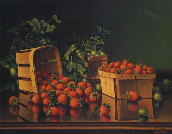 Baskets Of Strawberries And Gooseberries On A Ledge by Levi Wells Prentice