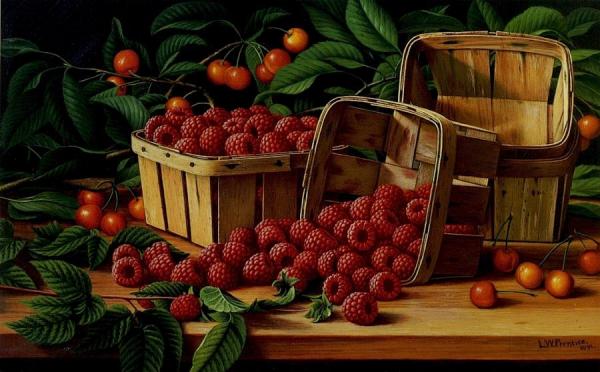 Cherries And Raspberries In A Basket by Levi Wells Prentice