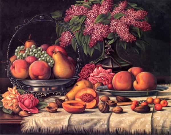 Still Life With Fruit, Nuts And Lilacs by Levi Wells Prentice