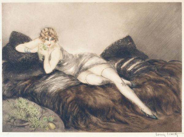 Lady Reclining On A Sofa by Louis Icart Oil Painting Reproductions