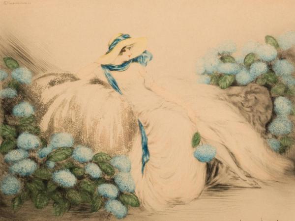 Lady With Blue Flowers by Louis Icart