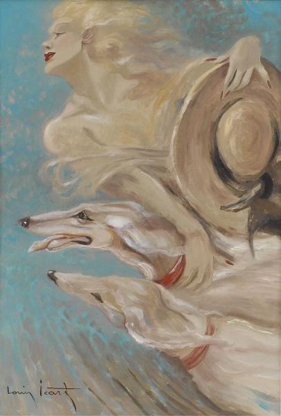 Lady With Two Dogs by Louis Icart Oil Painting Reproductions