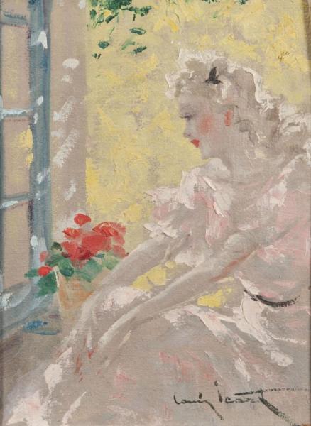 Young Lady With A Bouquet by Louis Icart Oil Painting Reproductions