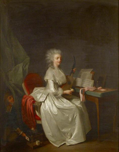 A Young Woman Playing The Guitar With A Songbird On Her Hand by Louis Leopold Boilly